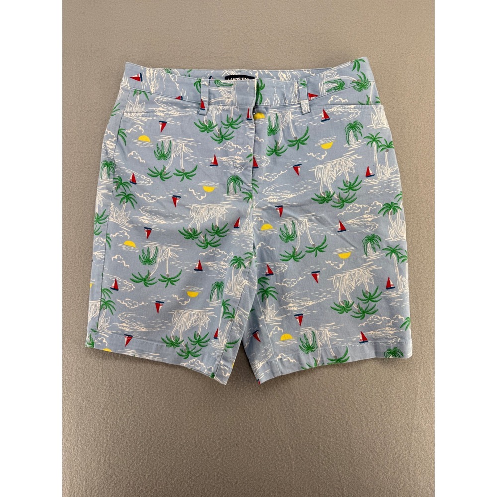 Lands End Womens 12 Mid Rise Chino Shorts Blue Tropical Palm Tree Sailboat Print